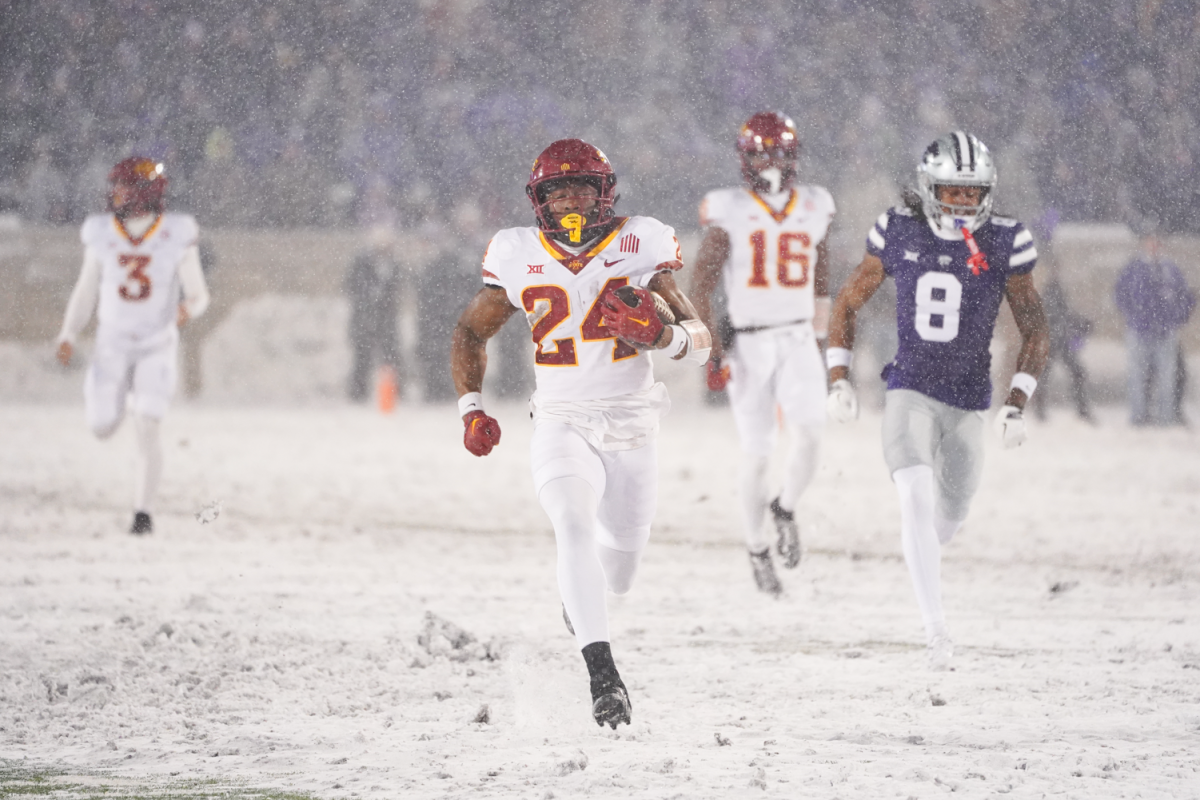 Abu Sama III races up the field for six at the Iowa State vs. Kansas State football game at Bill Snyder Family Stadium on Nov. 25, 2023 in Manhattan, Kansas.