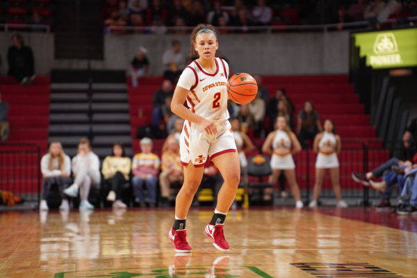 Arianna Jackson brings the ball up the floor against Truman State in an exhibition game at Hilton Coliseum on Nov. 1, 2023.