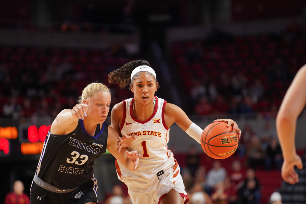 Jalynn Bristow attempts to get past a Truman State defender during an exhibition game at Hilton Coliseum on Nov. 1, 2023.