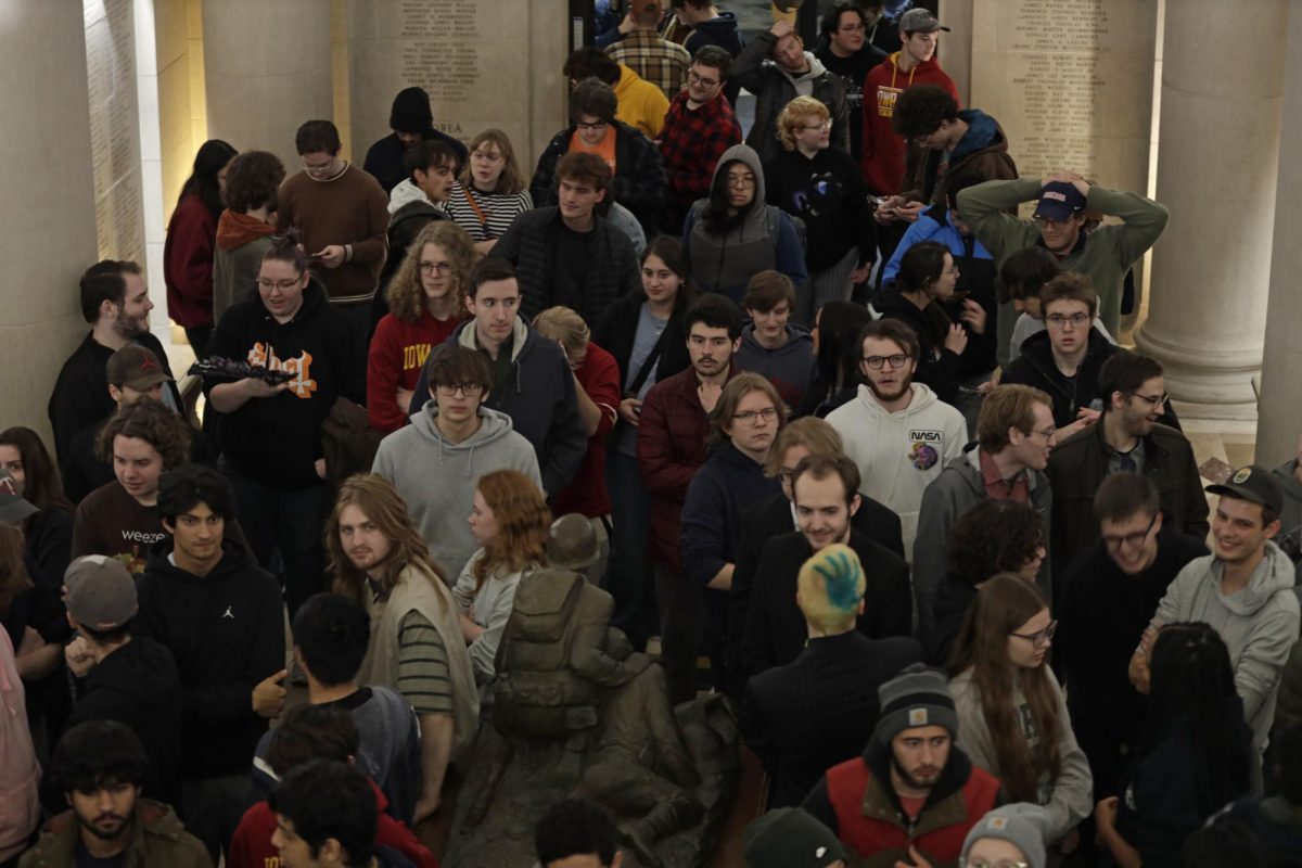 Iowa State students flood back into the Memorial Union after the building was evacuated. The evacuation was due to the fire alarms going off minutes before Giancarlo Esposito was supposed to give an interview at AfterDark on Friday, Nov. 10, 2023.