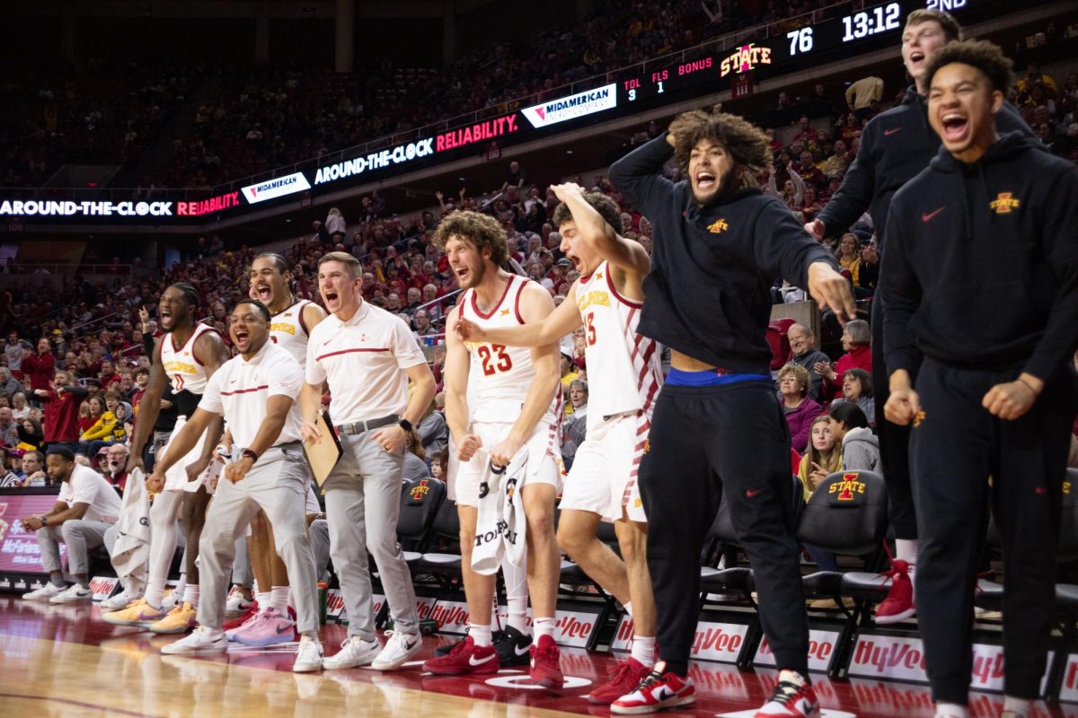 Cyclones Bench celebrates after scoring during the Iowa State vs. Prairie View A&M mens basketball Game, Hilton Coliseum, Dec. 10, 2023.