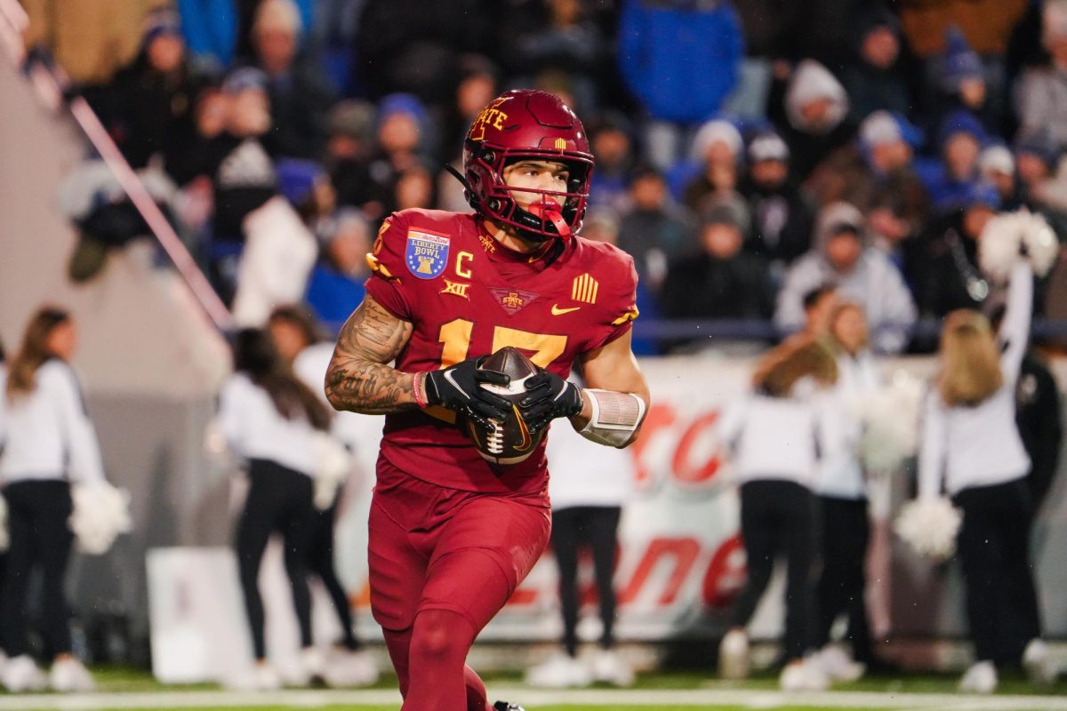 Junior wide receiver Jaylin Noel scans the field for an open receiver during the third quarter of the Iowa State vs. Memphis 2023 AutoZone Liberty Bowl, Simmons Bank Liberty Stadium, Dec. 29. 2023.