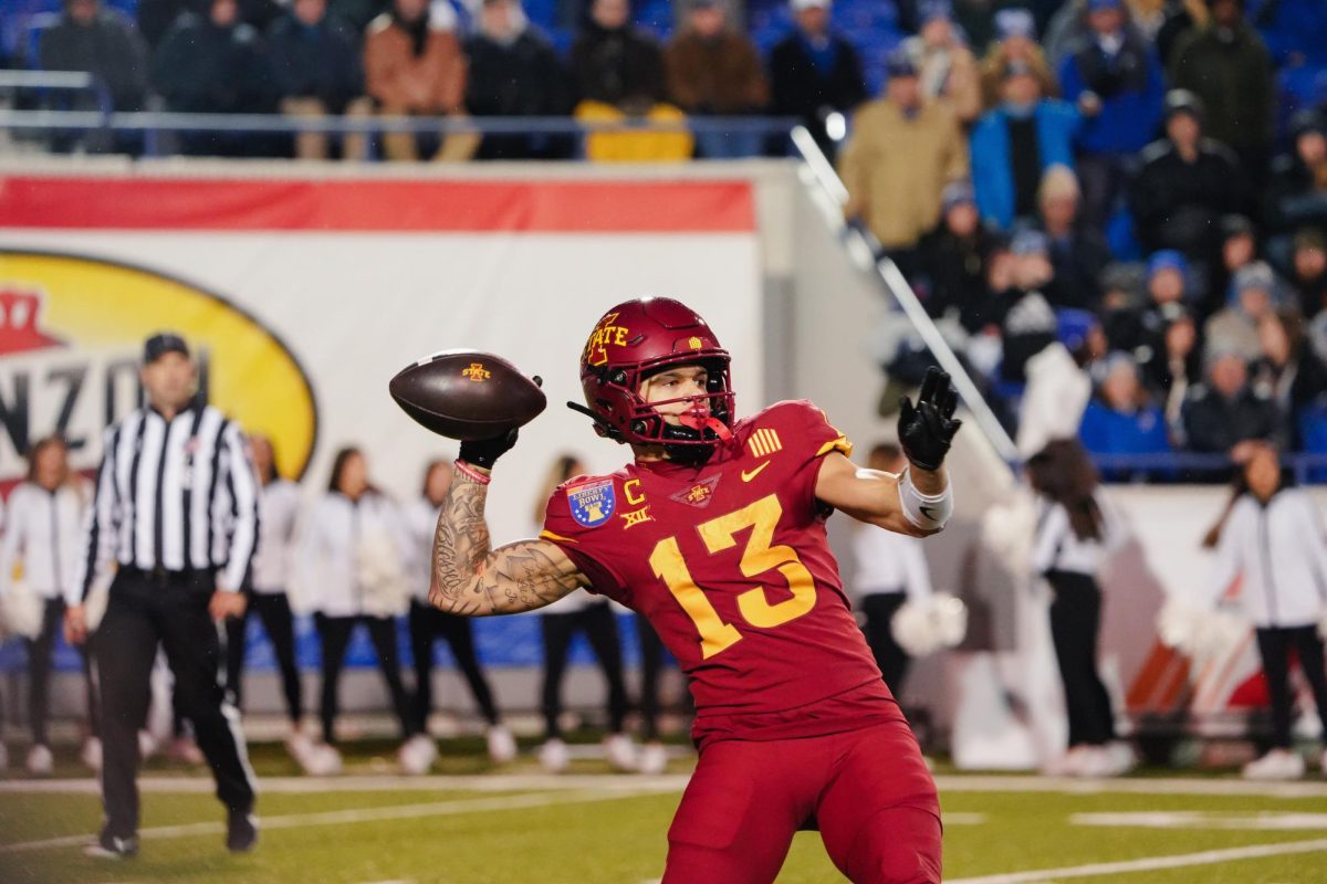 Junior wide receiver Jaylin Noel passes the ball during the third quarter of the Iowa State vs. Memphis 2023 AutoZone Liberty Bowl, Simmons Bank Liberty Stadium, Dec. 29. 2023.