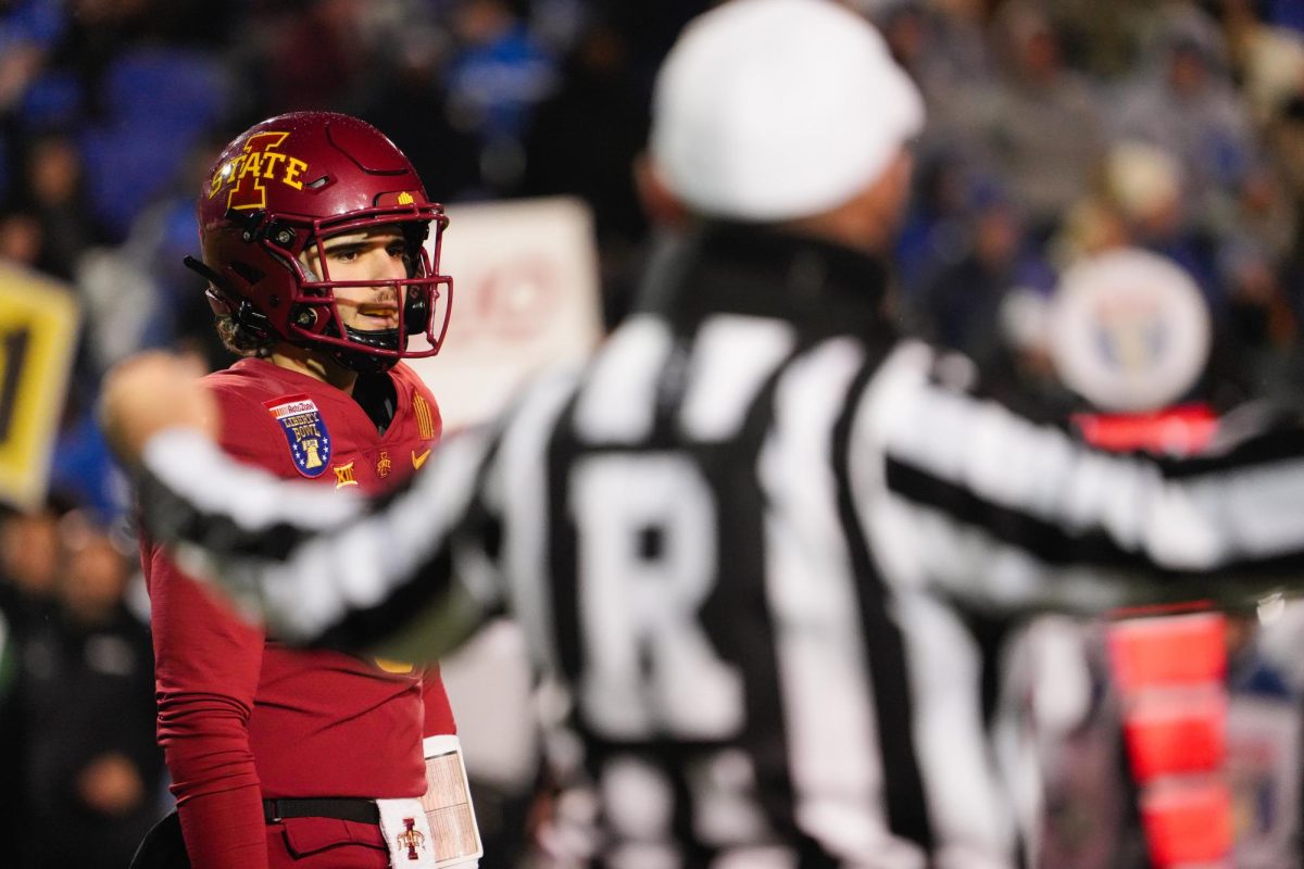 Rocco Becht reacts to a referees call during the Iowa State vs. Memphis 2023 AutoZone Liberty Bowl, Simmons Bank Liberty Stadium, Dec. 29. 2023.