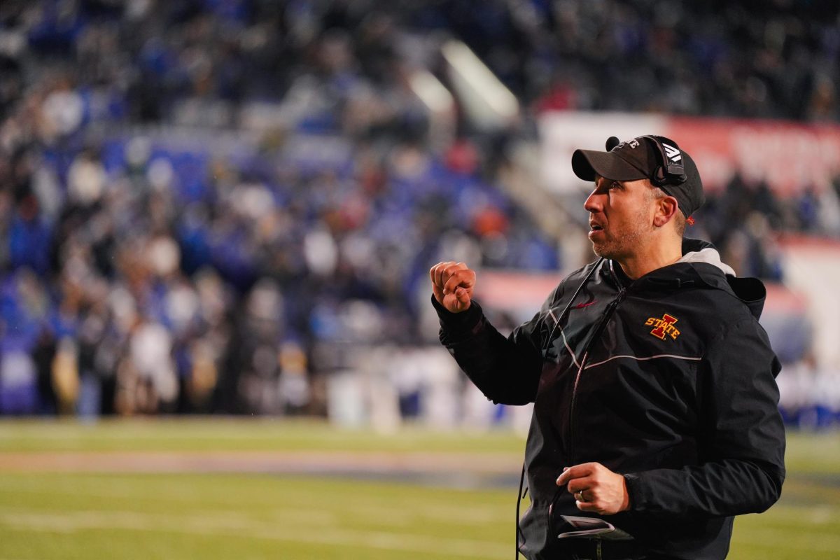 Matt Campbell watches the video board during the Iowa State vs. Memphis 2023 AutoZone Liberty Bowl, Simmons Bank Liberty Stadium, Dec. 29. 2023.