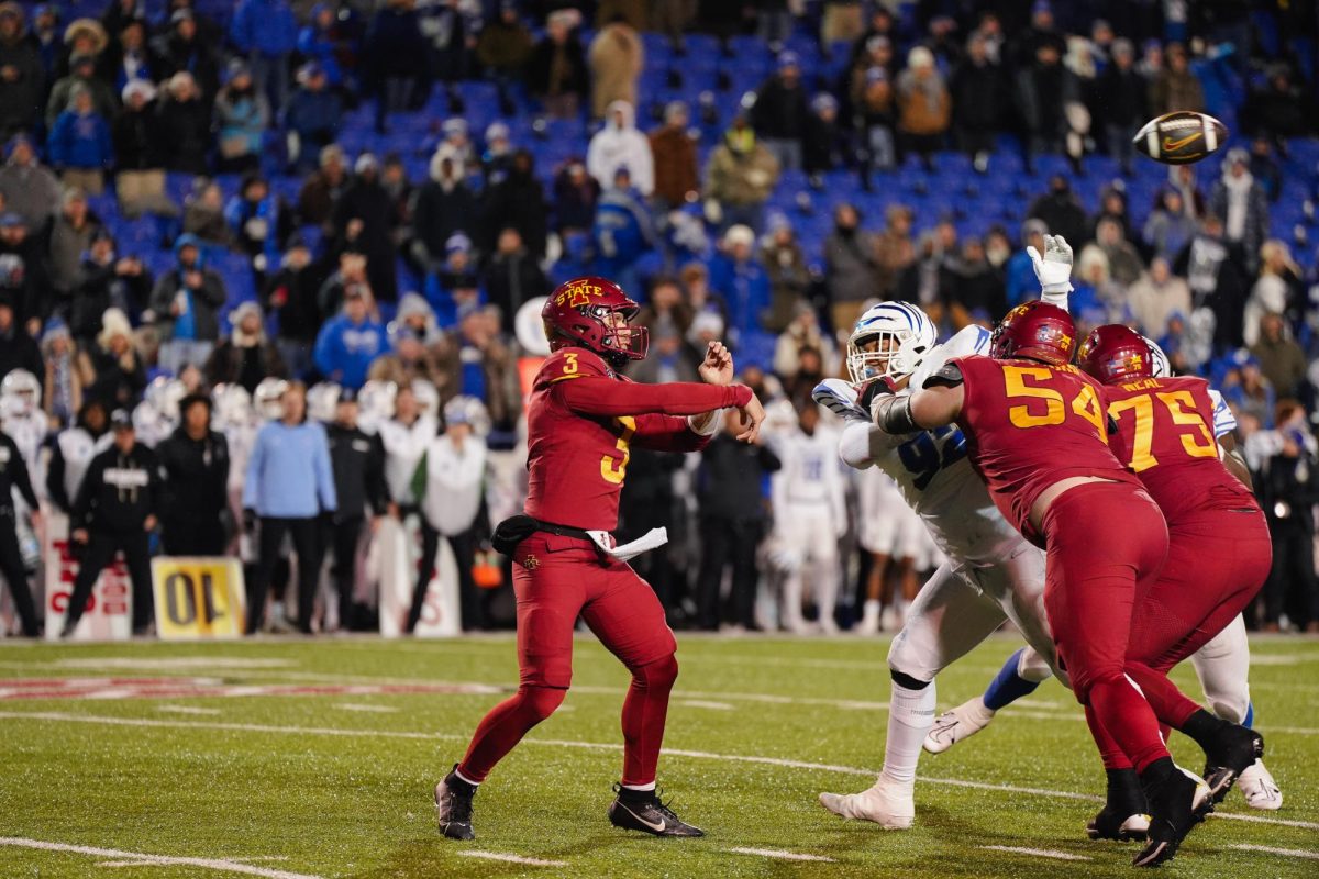 Rocco Becht passes the ball during the Iowa State vs. Memphis 2023 AutoZone Liberty Bowl, Simmons Bank Liberty Stadium, Dec. 29. 2023.