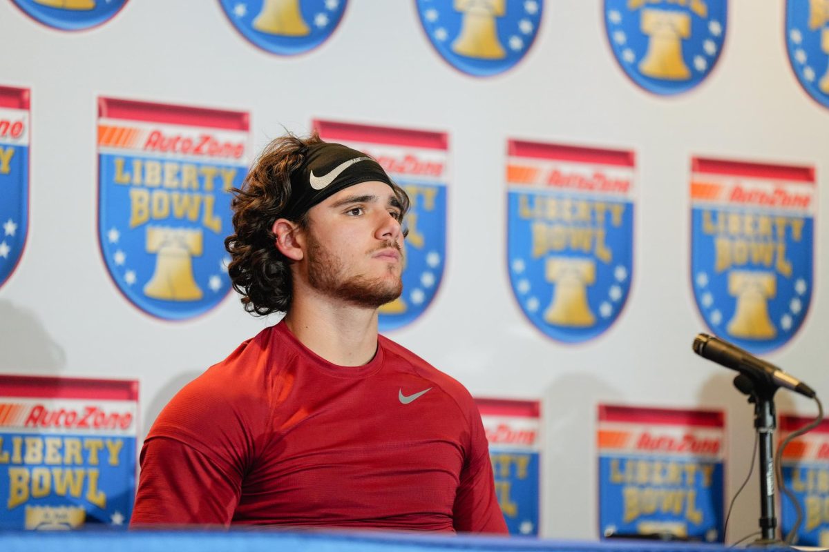 Rocco Becht attends the post-game press conference after a 26-36 loss against Memphis in the 2023 AutoZone Liberty Bowl, Simmons Bank Liberty Stadium, Dec. 29. 2023.