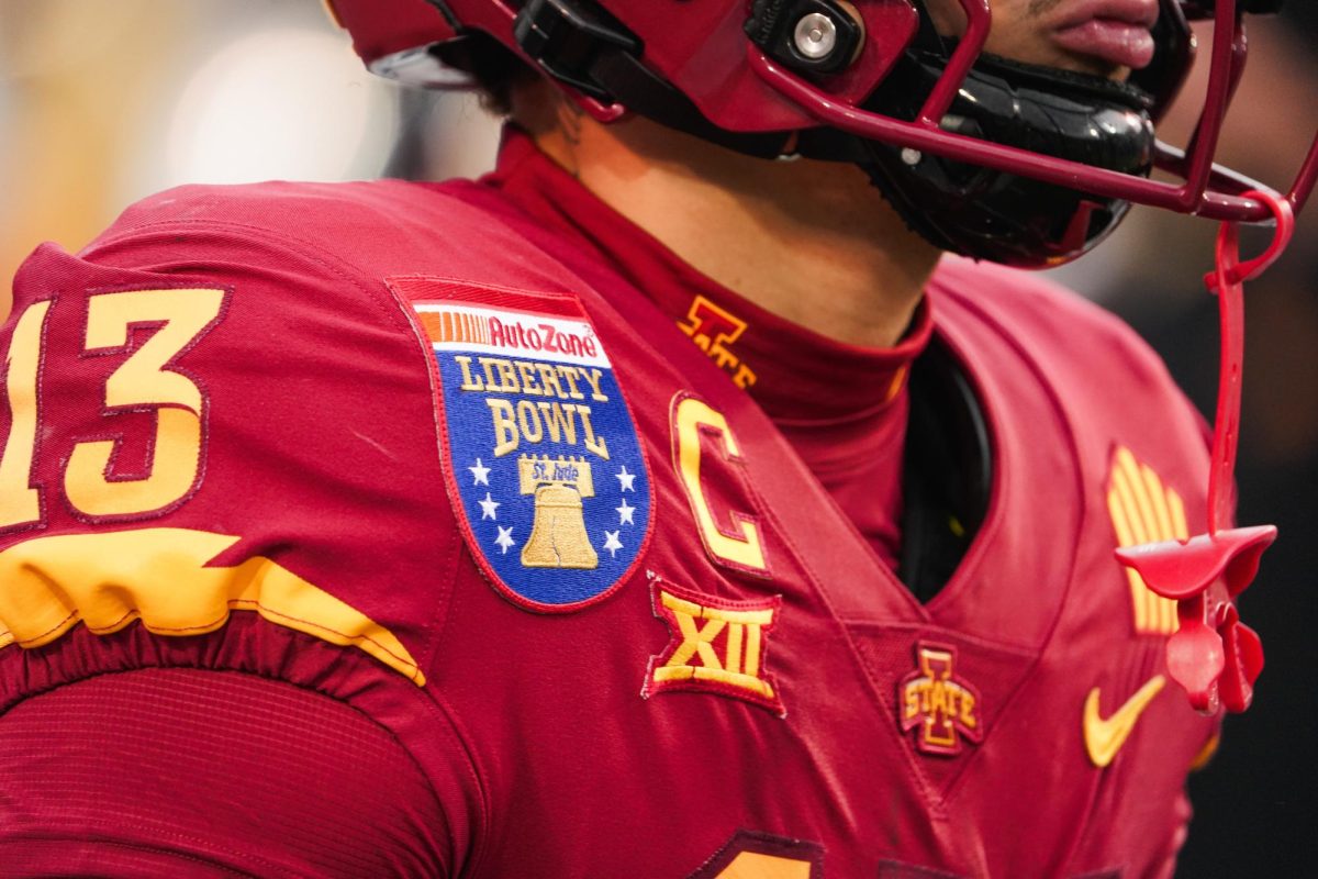 The 2023 AutoZone Liberty Bowl patch is displayed on Jaylin Noel's jersey, Simmons Bank Liberty Stadium, Dec. 29. 2023.