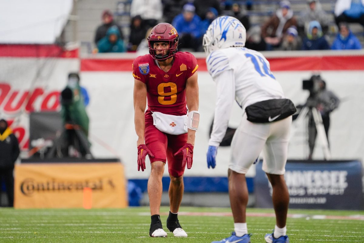 Jayden Higgins stares at a Memphis defender before a snap in the second quarter of the 2023 AutoZone Liberty Bowl, Simmons Bank Liberty Stadium, Dec. 29. 2023.