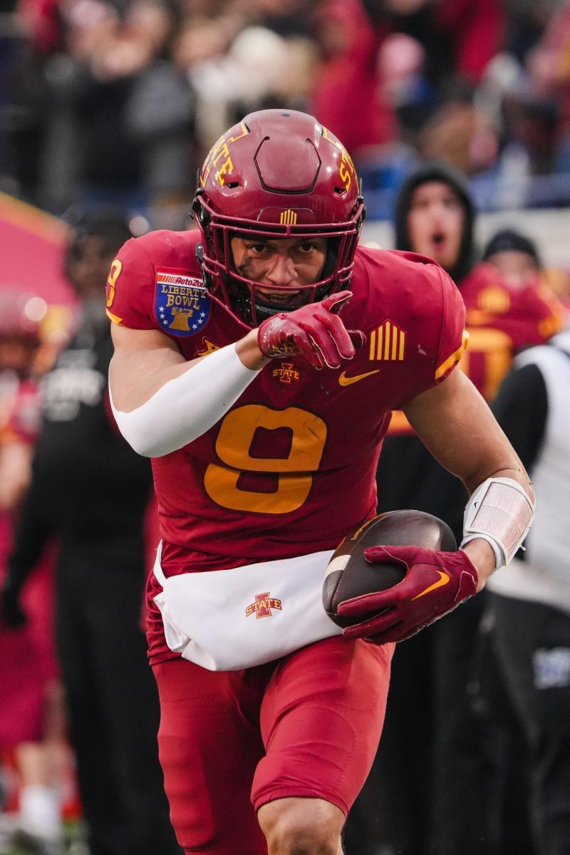 Jayden Higgins points to the media in the end zone after scoring a touchdown in the 2023 AutoZone Liberty Bowl, Simmons Bank Liberty Stadium, Dec. 29. 2023.