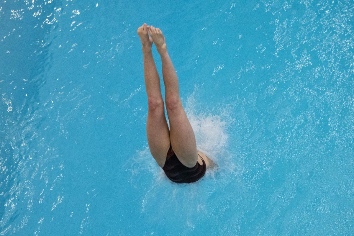An Iowa State dive team member enters the water during the one-meter dive against Iowa on Friday, Dec. 8, 2023, at Beyer Hall in Ames, Iowa.