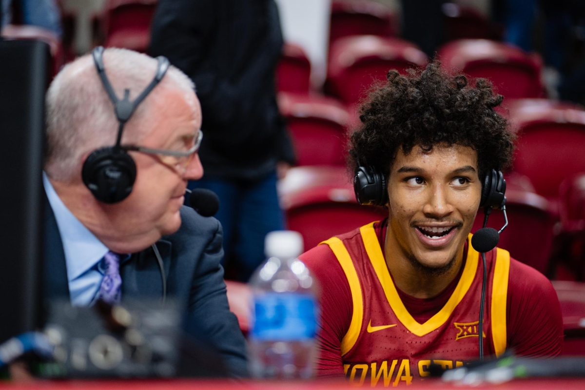 Curtis Jones speaks with sports broadcasters after the Iowa State vs. Eastern Illinois University men's basketball game, Hilton Coliseum, Dec. 21, 2023.