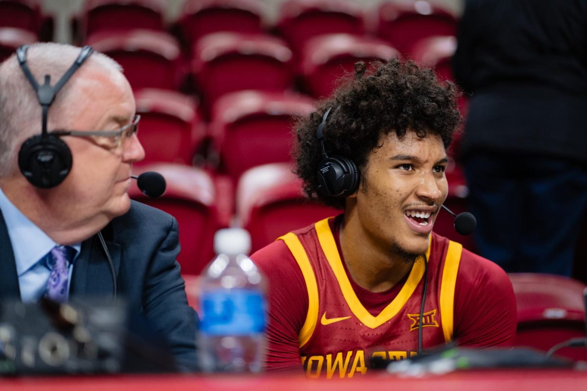 Curtis Jones speaks with sports broadcasters after the Iowa State vs. Eastern Illinois University men's basketball game, Hilton Coliseum, Dec. 21, 2023.