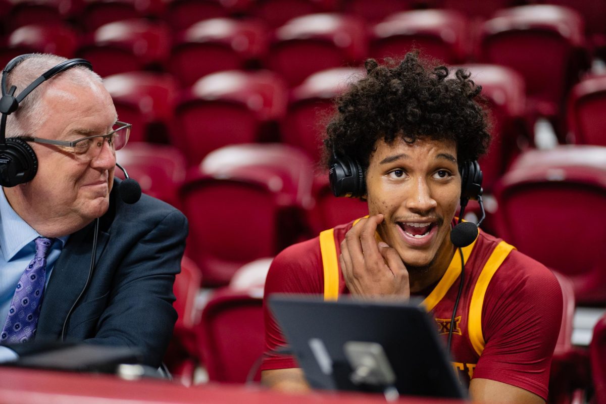 Curtis Jones speaks with sports broadcasters after the Iowa State vs. Eastern Illinois University men's basketball game, Hilton Coliseum, Dec. 21, 2023.