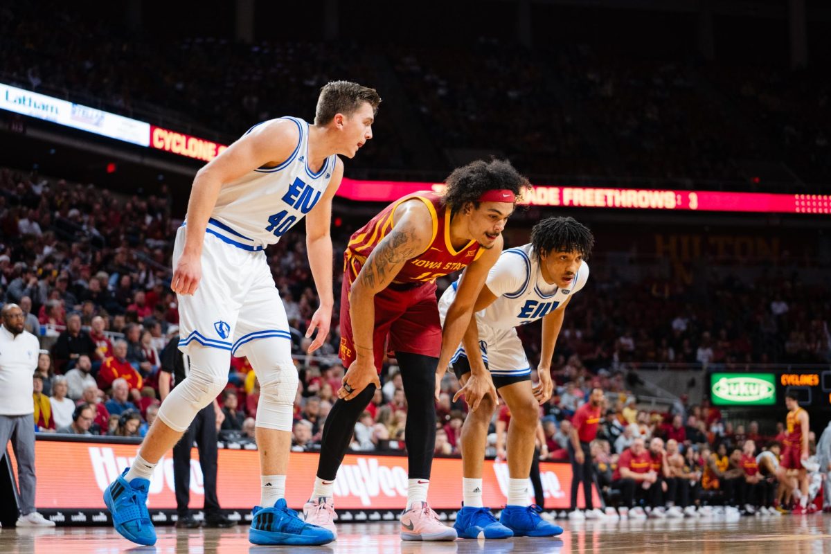 Robert Jones (center) prepares for his teammate to attempt a free throw at the Iowa State vs. Eastern Illinois University men's basketball game, Hilton Coliseum, Dec. 21, 2023.