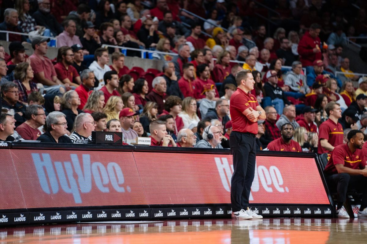 T.J. Otzelberger watches his team play defense during the first half of the Iowa State vs. Eastern Illinois University men's basketball game, Hilton Coliseum, Dec. 21, 2023.