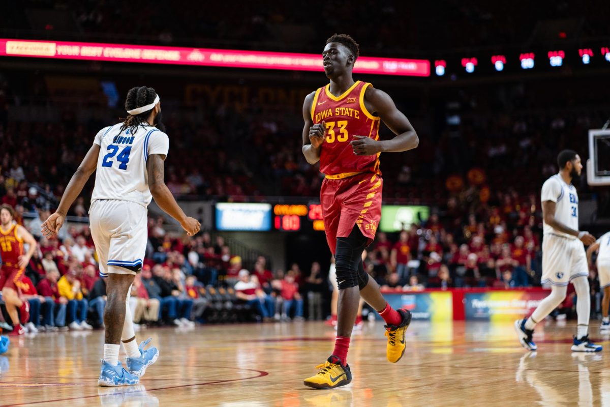 Omaha Biliew jogs down the court during the Iowa State vs. Eastern Illinois University men's basketball game, Hilton Coliseum, Dec. 21, 2023.