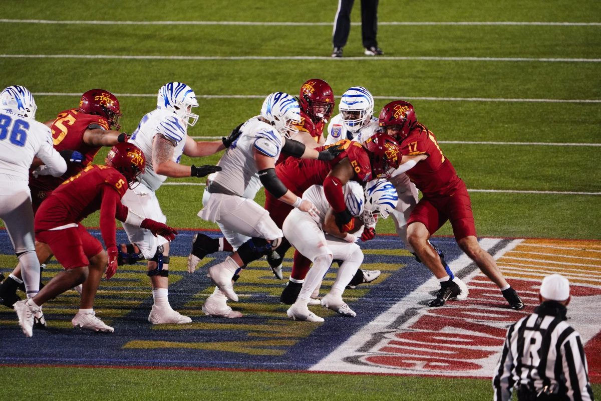 Memphis wide receiver Roc Taylor is stopped by the Iowa State defense during the 2023 AutoZone Liberty Bowl, Simmons Bank Liberty Stadium, Dec. 29. 2023.