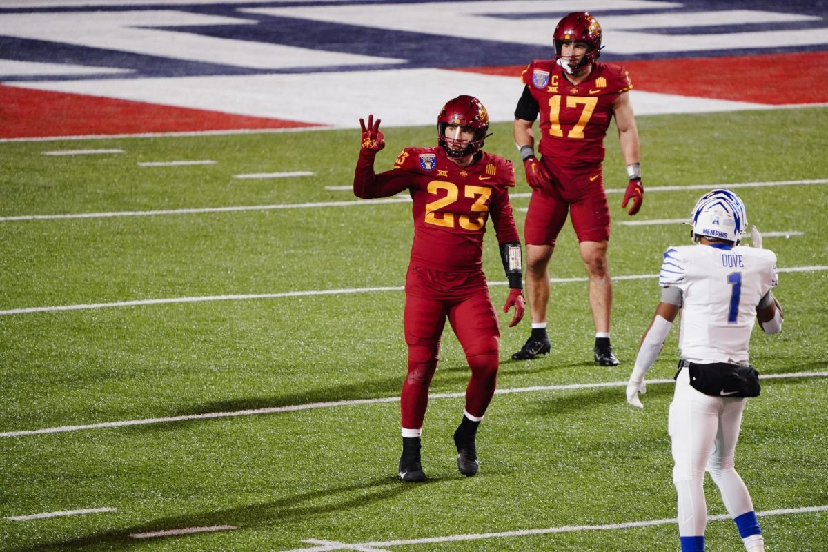 Sophomore Linebacker Will McLaughlin signals to his coaches before a play during the 2023 AutoZone Liberty Bowl, Simmons Bank Liberty Stadium, Dec. 29. 2023.