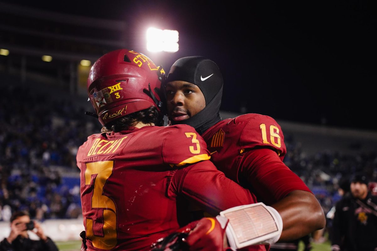 Redshirt freshman Rocco Becht hugs teammate Daniel Jackson after a 36-26 loss to Memphis in the 2023 AutoZone Liberty Bowl, Simmons Bank Liberty Stadium, Dec. 29. 2023.