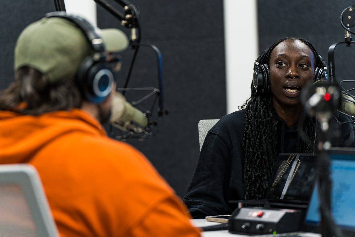 Iowa State Womens Basketball player Nyamer Diew discusses the Iowa vs. Iowa State match amongst other things on the Daily Dish Podcast on Dec. 7, 2023 in the Student Innovation Center Podcast Studio.