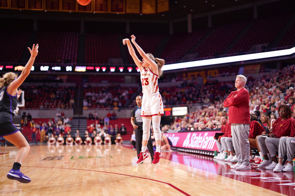 Kelsey Joens shoots a three pointer in the second half against UNI at Hilton Coliseum on Dec. 20, 2023.