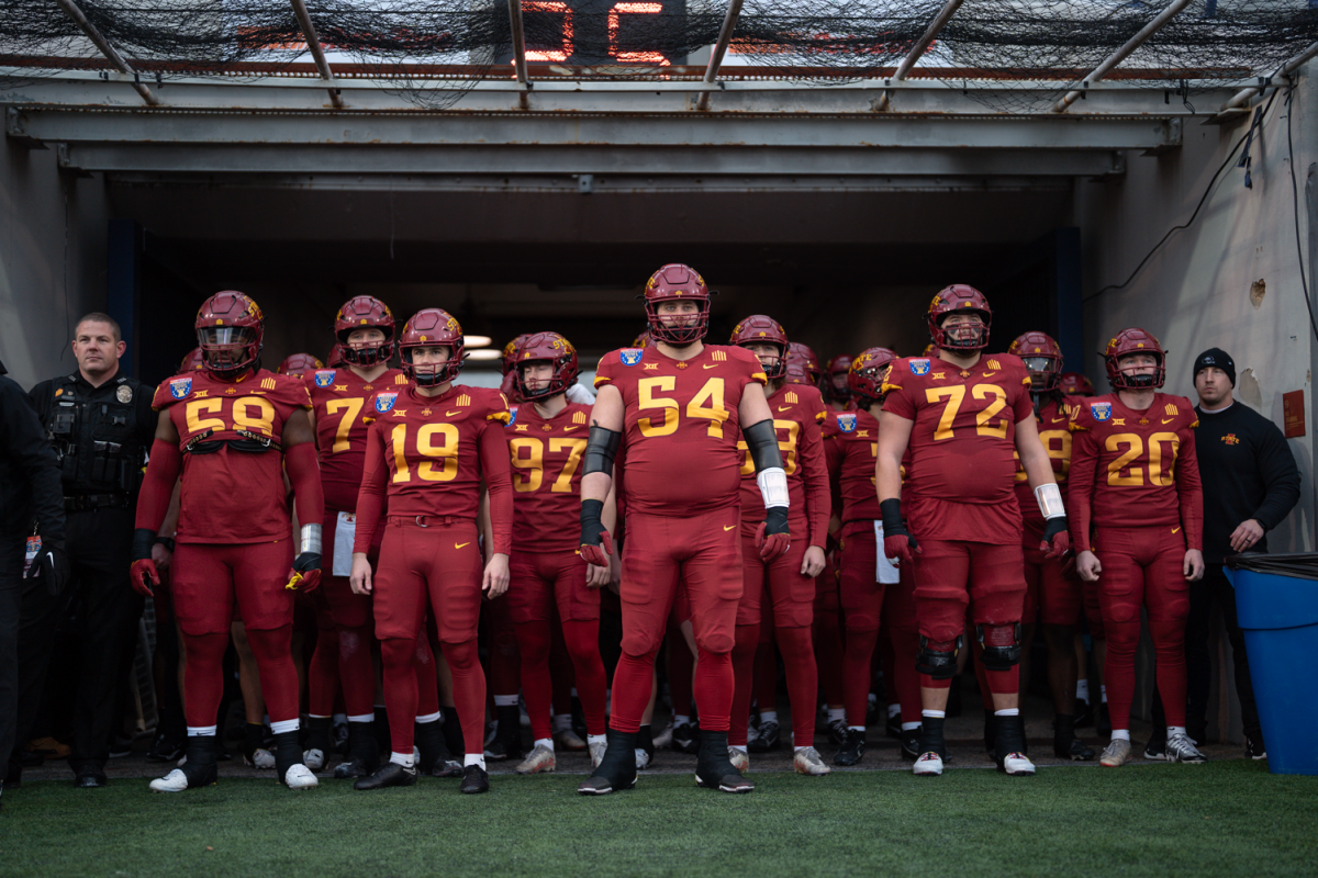 The Iowa State football team waits to enter the field prior to the game against Memphis in the Liberty Bowl at Simmons Bank Liberty Stadium in Memphis, Tennessee on Dec. 29, 2023.