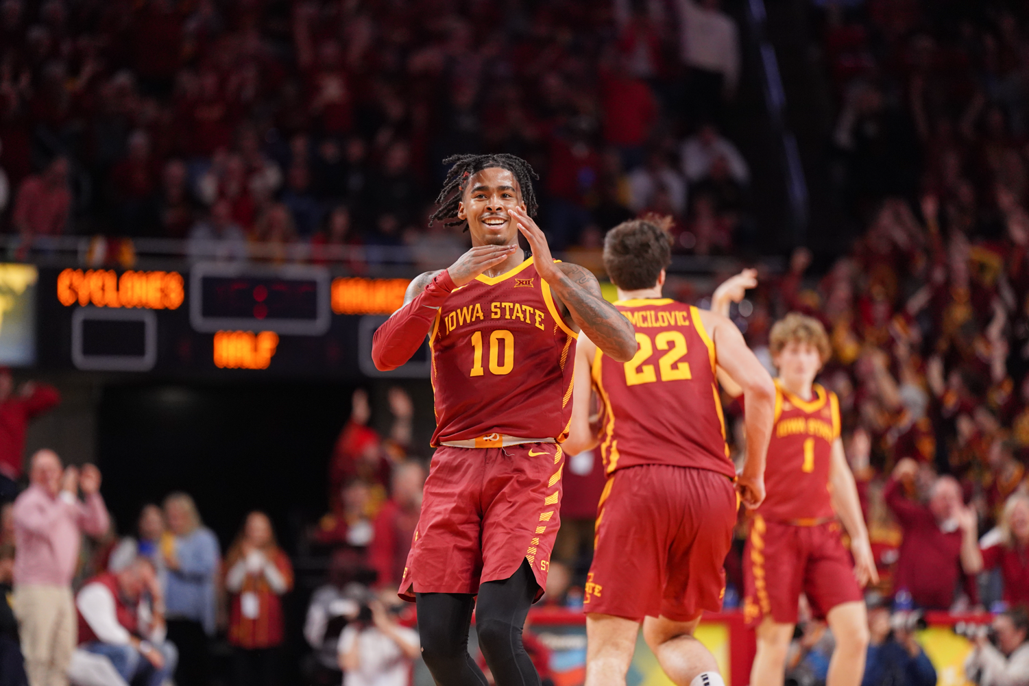 Keshon Gilbert suggests Iowa to take a timeout after he scored two three pointers at Hilton Coliseum on Dec. 7, 2023.