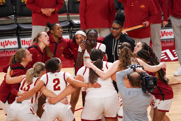 Nyamer Diew and her teammates prior to the game against UNI at Hilton Coliseum on Dec. 20, 2023.