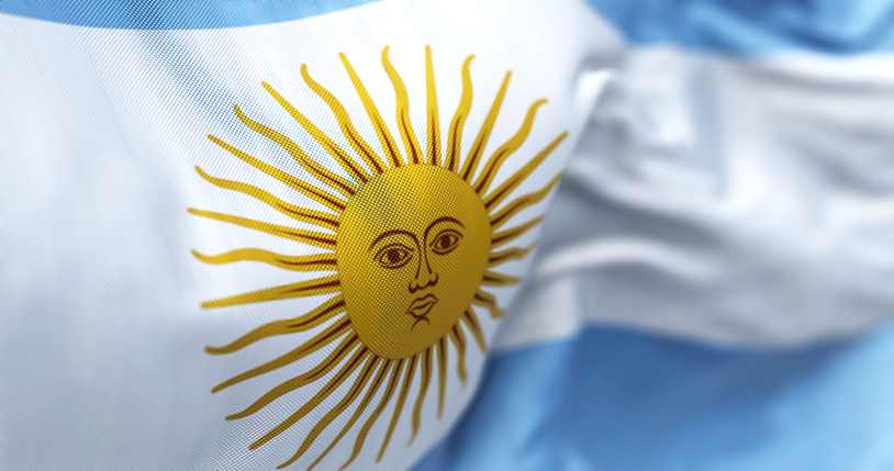 Close-up view of the national flag of the Argentine Republic. 