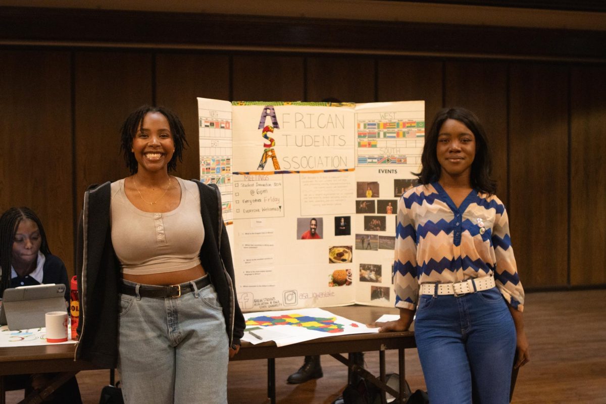 Joy Nyamu and Tarminta Sonkailey represent the African Students Association at the 2024 Multicultural Club Fair in the MU on Jan. 30, 2024. 