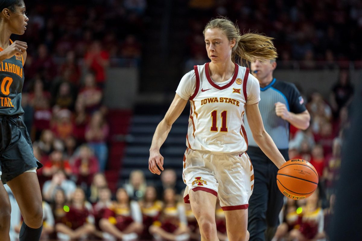 Emily Ryan getting ready to run into the paint during the Iowa State vs. Oklahoma State game in Hilton Coliseum, Jan. 31, 2024.