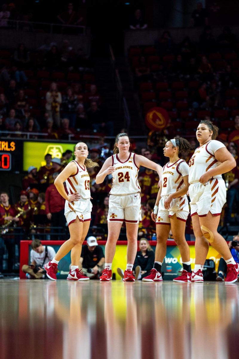 Iowa State players group up during free throws during the Iowa State vs. Oklahoma State game in Hilton Coliseum, Jan. 31, 2024.