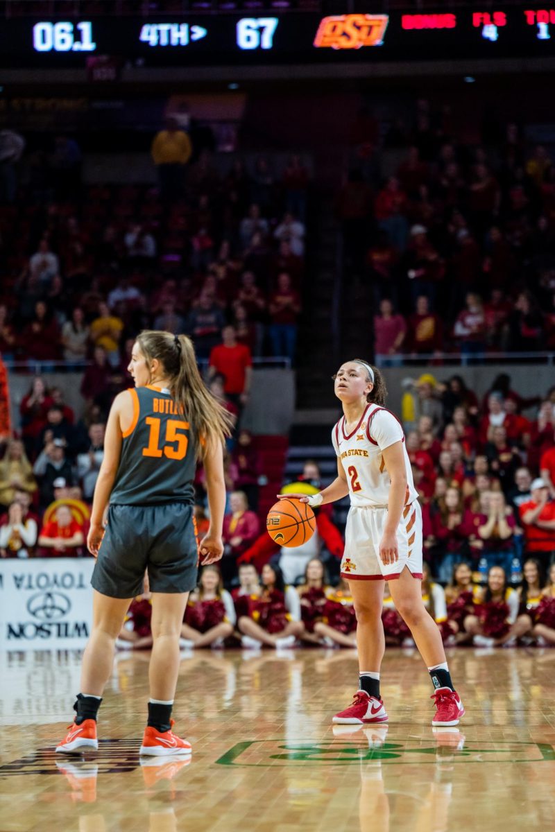 Arianna Jackson dribbling out the clock in the final seconds of the Iowa State vs. Oklahoma State game in Hilton Coliseum, Jan. 31, 2024.