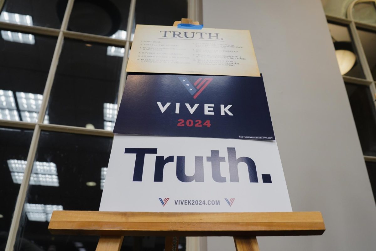 Vivek Ramaswamy materials are displayed at the 2024 Iowa Republican Caucus, Memorial Union, Jan. 15, 2024.