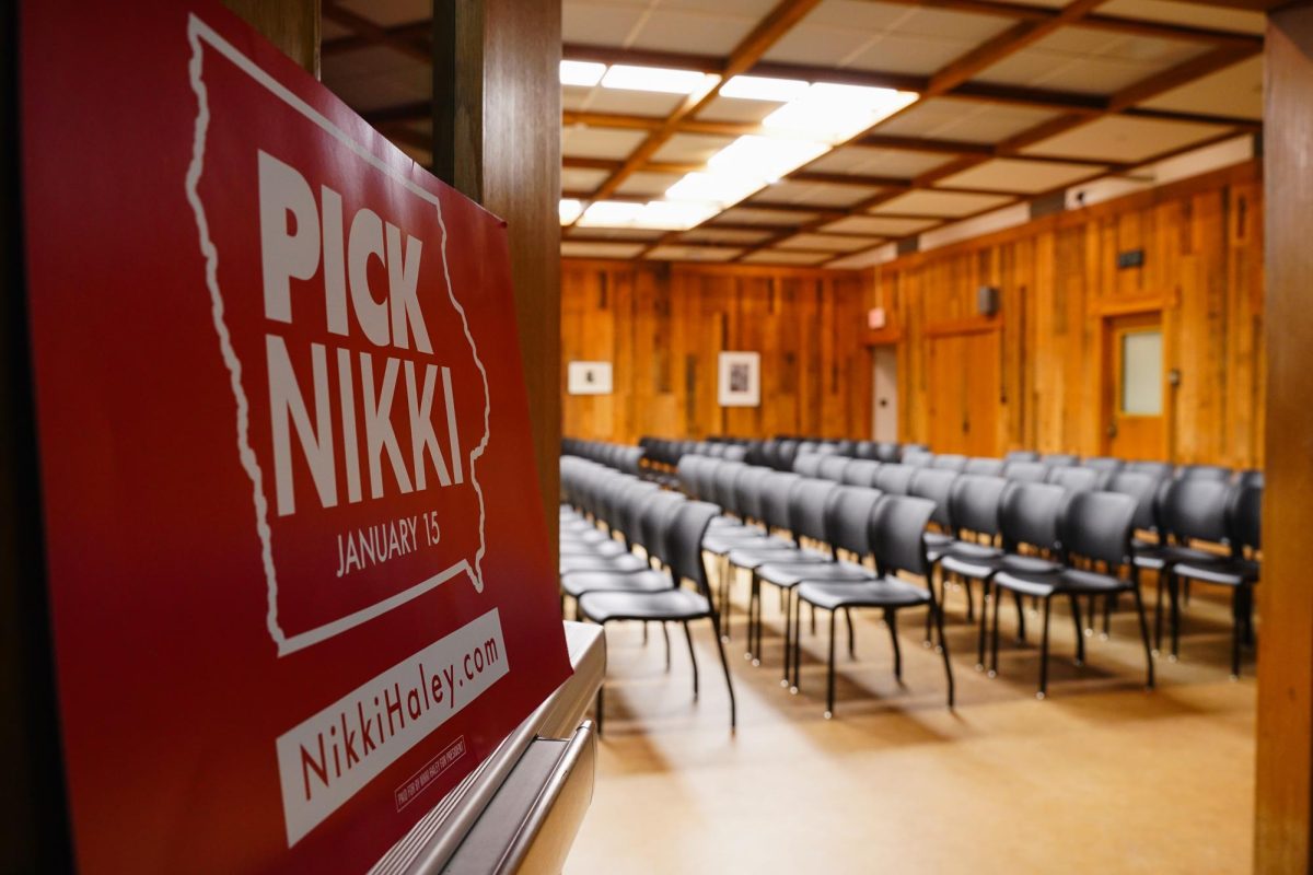 Nikki Haley materials are displayed at the entrance of the 2024 Iowa Republican Caucus, Memorial Union, Jan. 15, 2024.
