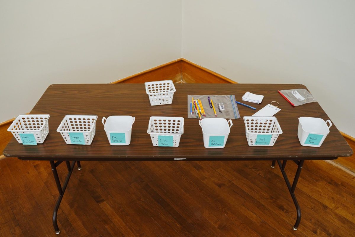 Baskets with republican candidates names are displayed before the start of the 2024 Iowa Republican Caucus, Memorial Union, Jan. 15, 2024.