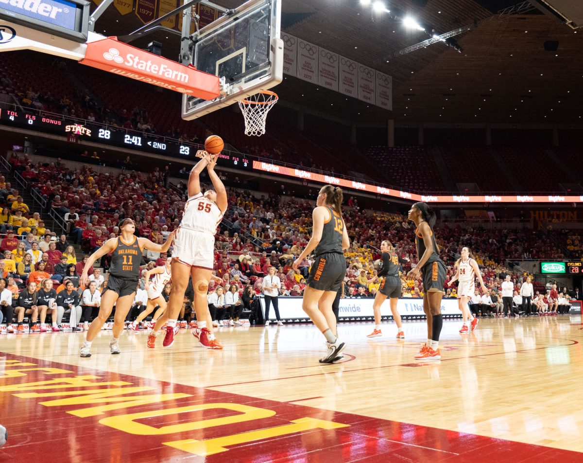 Audi Crooks shoots a two point shot for Iowa State at the Iowa State vs. Oklahoma State womens basketball game at Hilton Coliseum, Jan. 31, 2024.  