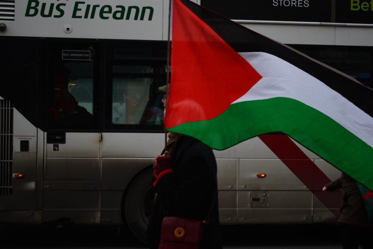 A photograph of a protestor carrying a Palestinian flag. 