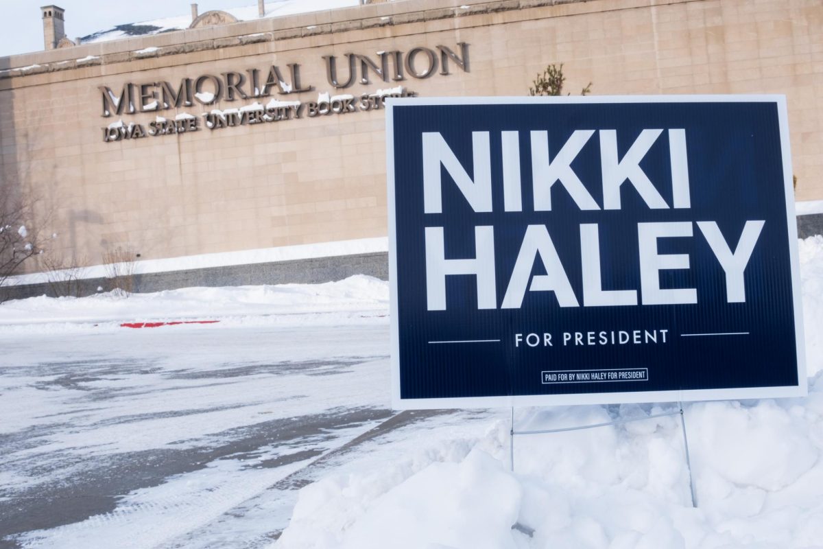 Nikki Haley materials are displayed in front of the Memorial Union before the 2024 Iowa Republican Caucus, Memorial Union, Jan. 15, 2024.
