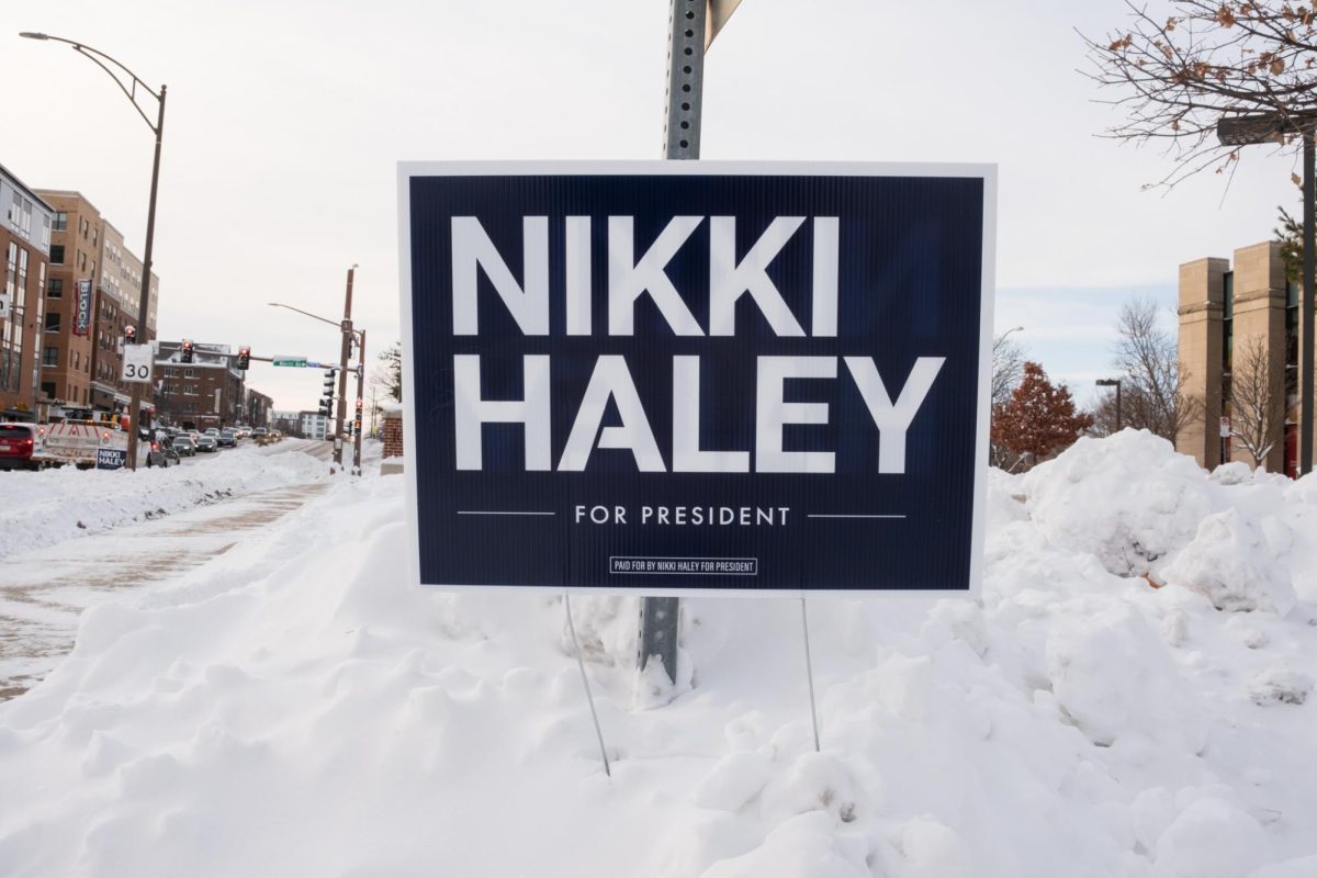Nikki Haley materials are displayed on Lincoln Way before the 2024 Iowa Republican Caucus, Memorial Union, Jan. 15, 2024.