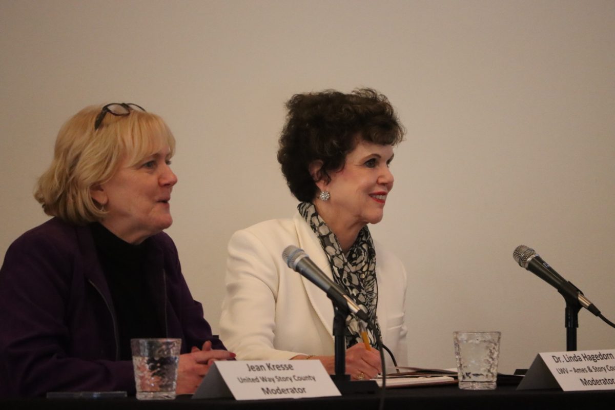 Moderators Jean Kresse, and Dr. Linda Hagedorn help guide the panel through questions at the State of Ames Meeting on Jan. 26, 2024.