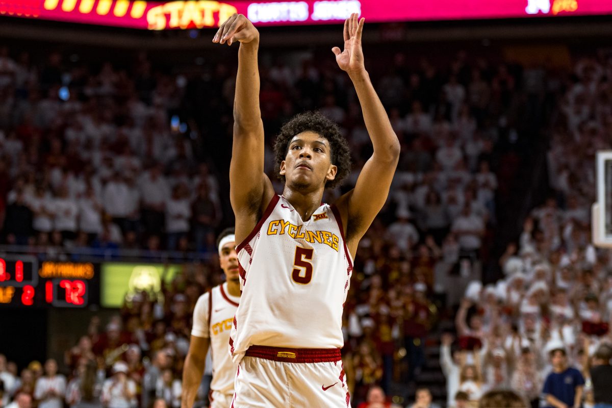 Iowa State point guard Curtis Jones makes a free throw during the Iowa State vs. Kansas conference game on Jan. 27, 2024 in Hilton Coliseum.