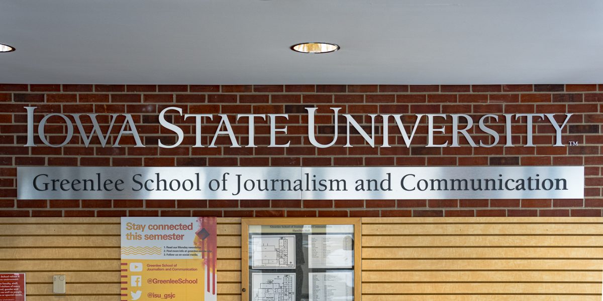 Iowa State University Greenlee School of Journalism and Communication window title located in Hamilton Hall, Jan. 17, 2024.