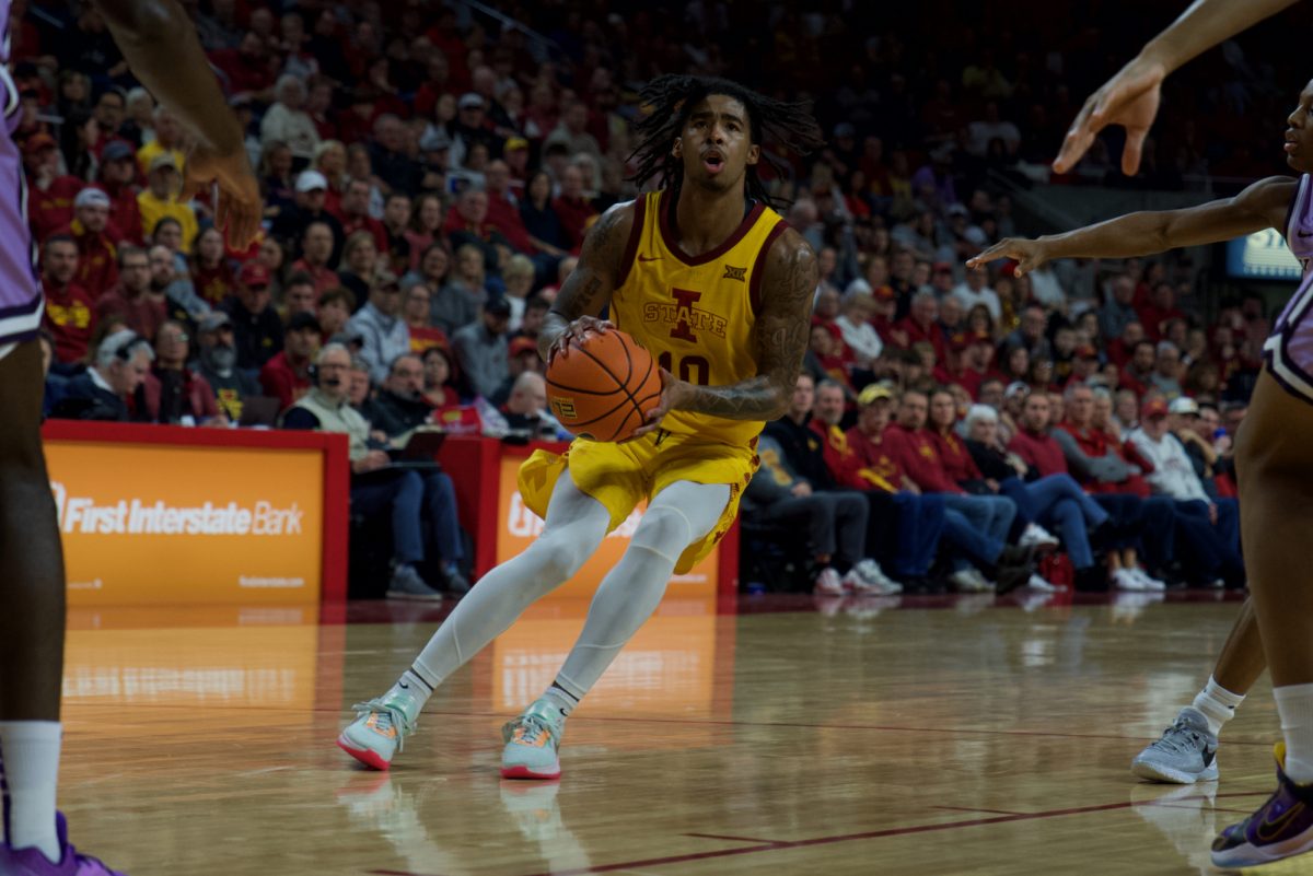 Iowa State guard Keshon Gilbert gets ready to take a shot to put Iowa State further in the lead, Jan. 24, 2024, in Hilton Coliseum.