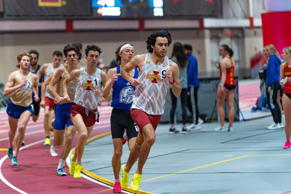 Jason Gomez of Iowa State leads the pack during the mens 600 yard race at the Cyclone Open event on Jan. 19, 2024.
