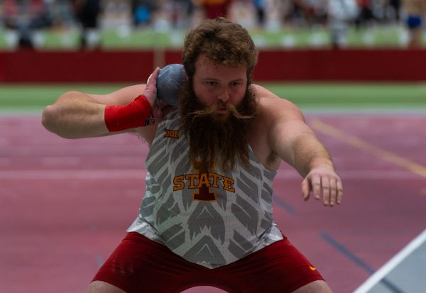 Iowa State shot-putter Blake Veenstra lines up to throw for 17.29m at the Cyclone Open track and field event in Leid Recreational center on Jan. 19, 2024.