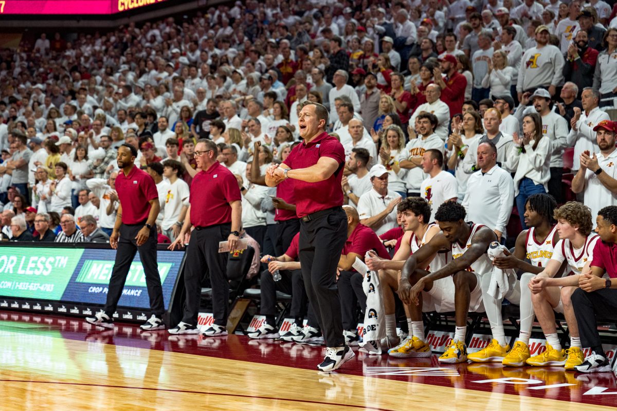 T.J.+Otzelberger+coaches+from+the+sidelines+after+a+missed+three+point+attempt+from+the+Cyclones+during+the+Iowa+State+vs.+Kansas+game+on+Jan.+27%2C+2024+in+Hilton+Coliseum.