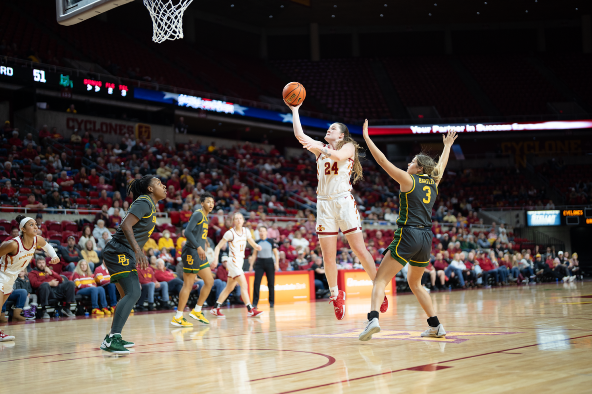 Addy+Brown+shoots+a+runner+in+the+paint+against+Baylor+at+Hilton+Coliseum+on+Jan.+13%2C+2024.