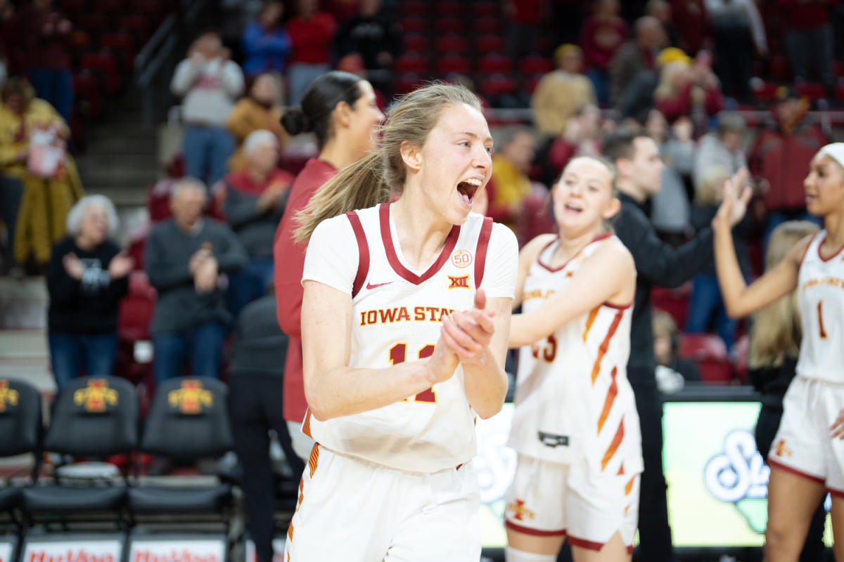 Emily+Ryan+celebrates+on+the+court+after+Iowa+State+defeats+Baylor+66-63+at+Hilton+Coliseum+on+Jan.+13%2C+2024.